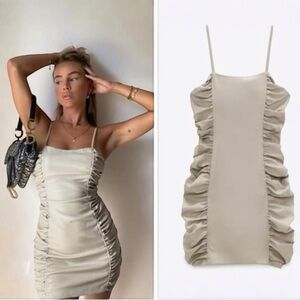 ZARA Blogger Favorite Beige Faux Leather Stretchy Ruched Mini Dress Size XS